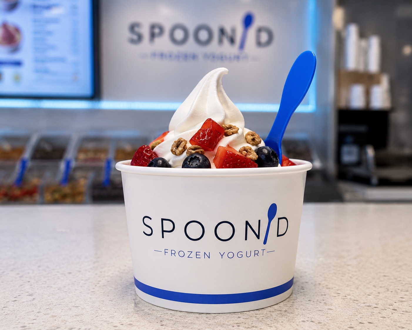 Spoon'D frozen yogurt topped with berries and granola